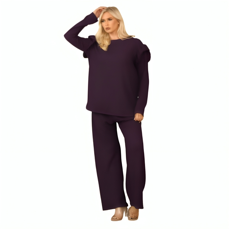 LUXE DIVA Ladies Frill arm Long Sleeve 2pcs Women's Wide Flared Leggings Trouser Loungewear Suit