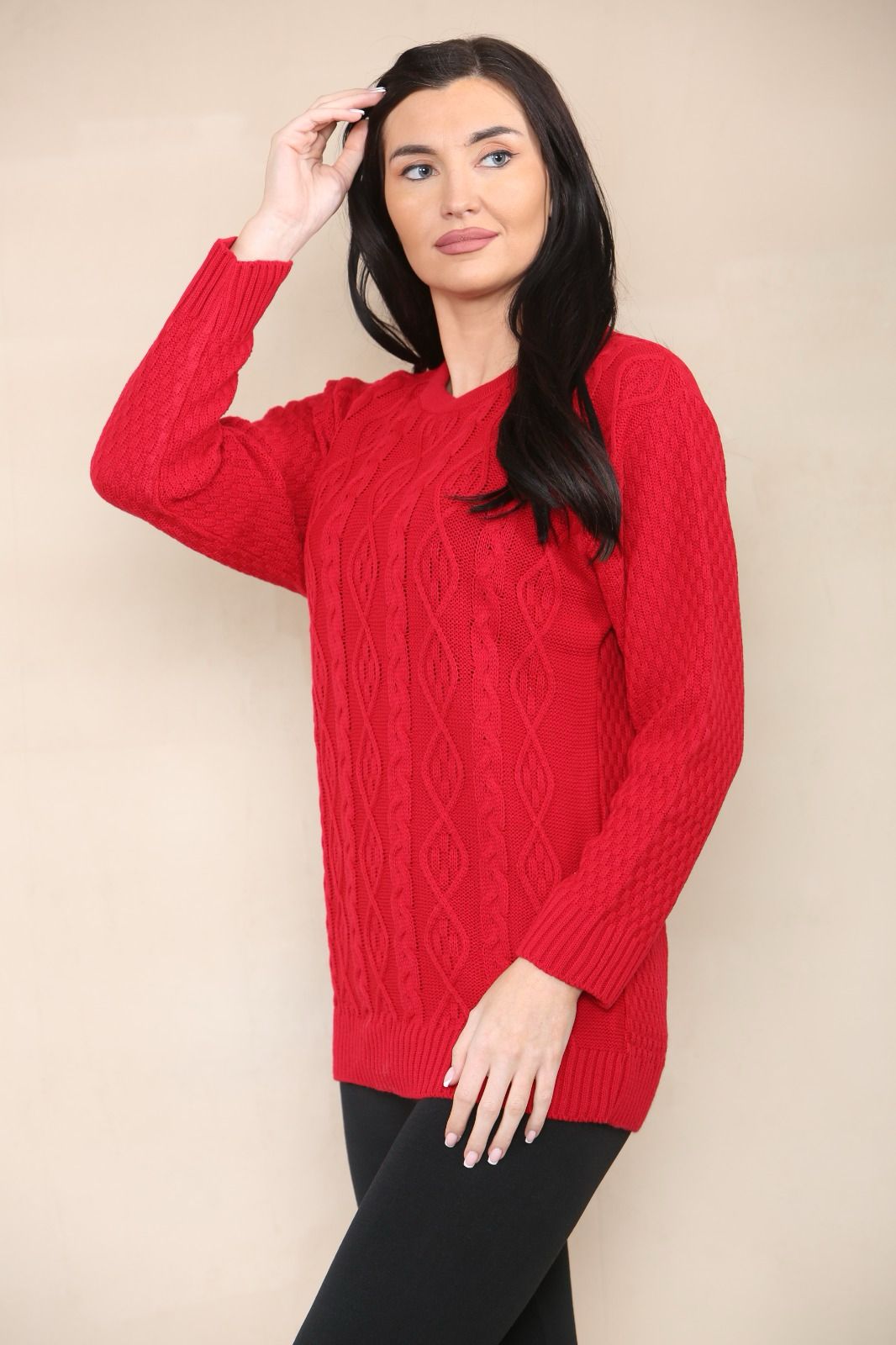 LUXE DIVA LADIES ROUND NECK LONG SLEEVE KNITTED JUMPER SELF PATTERN WITH DIAMOND ALL WAY DOWN CABLE KNIT