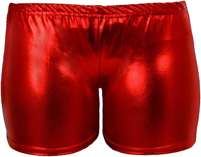 LUXE DIVA Kids Metallic Wet Look Hot Pants Womens Red Blue Shiny Halloween Summer Fancy Party Disco Wet Look Shorts