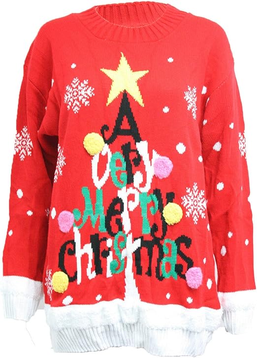 LUXE DIVA  Ladies A Very Merry Christmas Print Round Neck Knitted Jumper Xmas Warm Sweater Dress