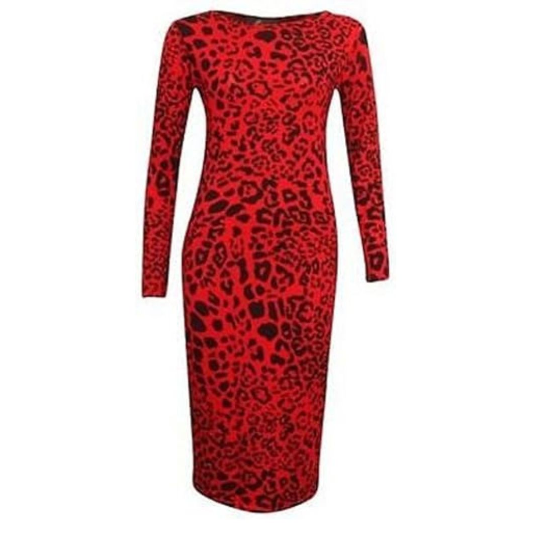 LUXE DIVA Ladies Womens Long Sleeve Stretch Jersey Bodycon Printed MIDI Dress Plus Size