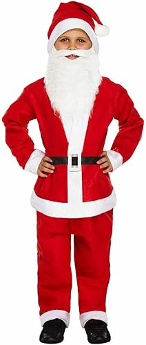 LUXE DIVA Boys Santa Claus Suit Red Costume, Children Kids Father Christmas Outfit Fancy Dress Hat + Beard + Jacket + Trousers + Belt, 5PC Set