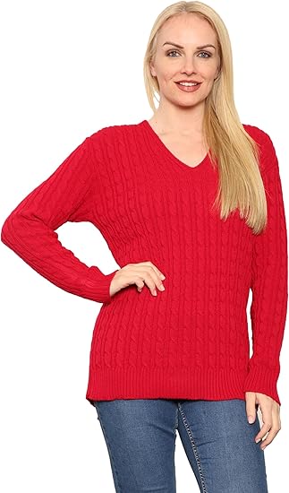 LUXE DIVA Women’s Long Sleeve V Neck Chunky Cable Knit Jumper for Ladies Casual Pullover Sweater for Women UK Size 8-22