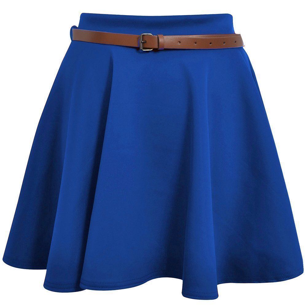 LUXE DIVA Womens Belted Flared Mini Swing Skirt Short Skater Party Plain Ladies UK 8-22