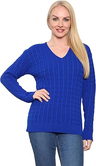 LUXE DIVA Women’s Long Sleeve V Neck Chunky Cable Knit Jumper for Ladies Casual Pullover Sweater for Women UK Size 8-22