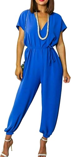 LUXE DIVA Womens V Neck Tie Belted Waist Parachute Wide Leg Jumpsuit Ladies Harem Playsuit