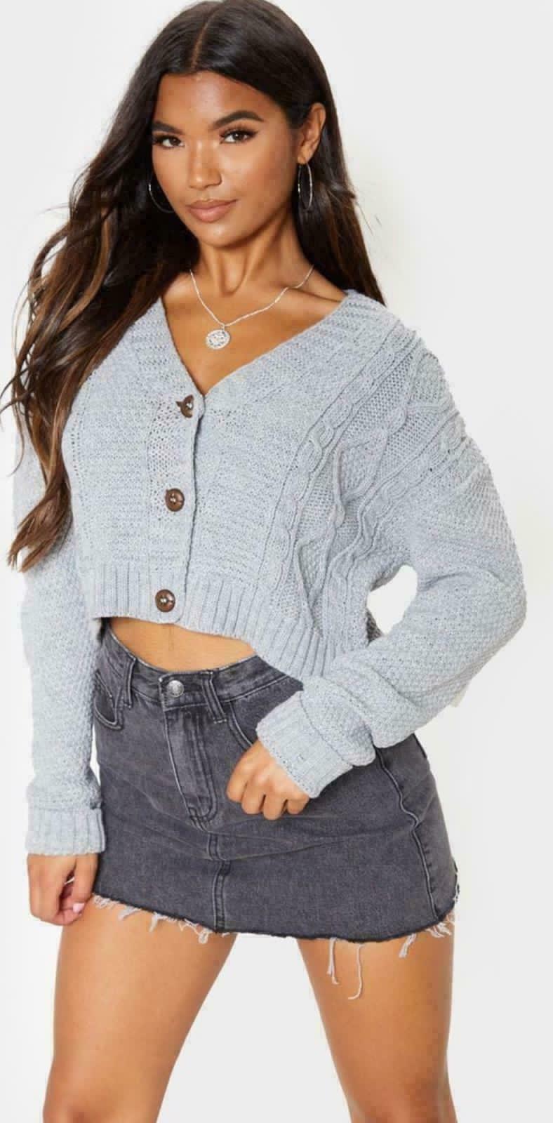 NEW Women's Chunky Cable Knitted Cardigan 3 Button Long Sleeves Crop Top Short