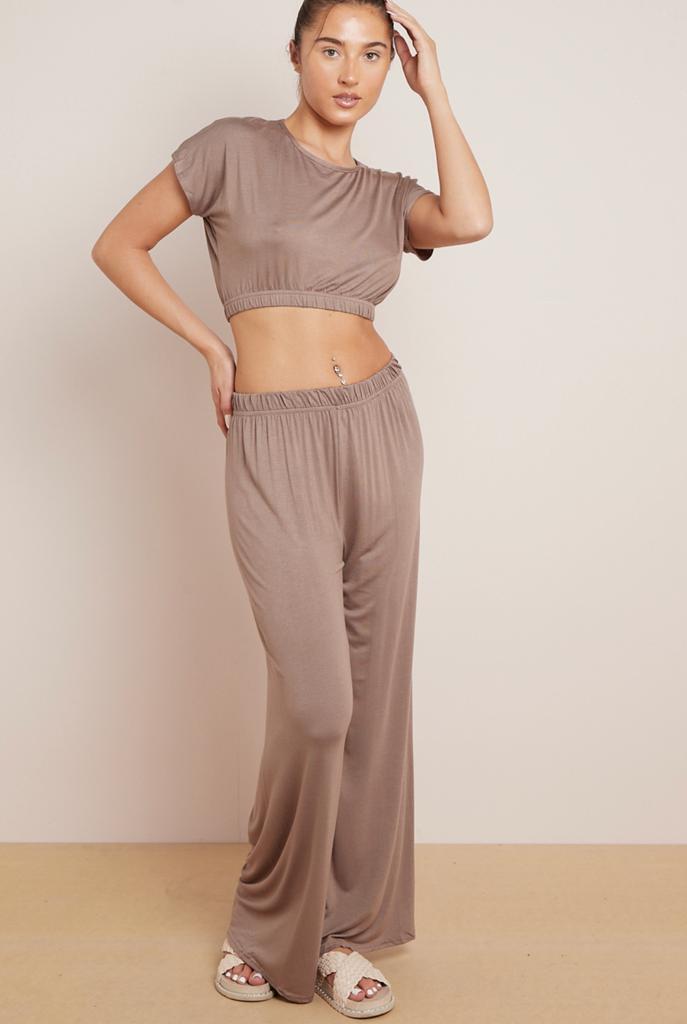 Ladies Plain Crop Top Flared Trouser Loungewear Suit 2PCS Co-ord Tracksuit Set