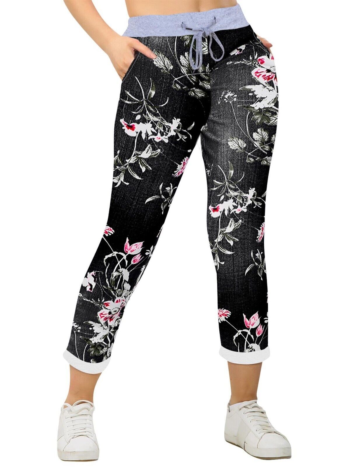 Women Joggers Italian Floral Print Trousers Casual Jogging Bottoms Ladies Pants