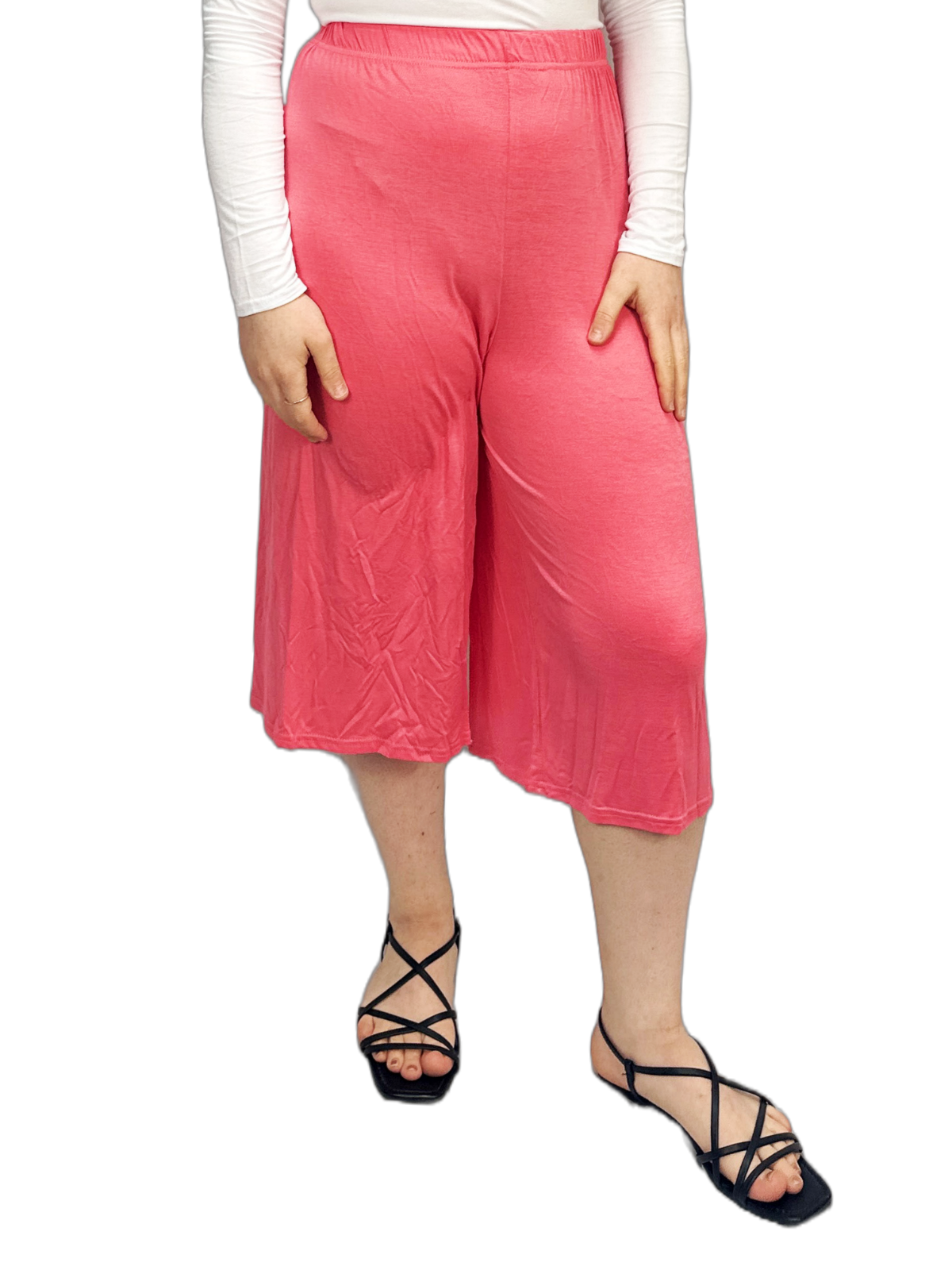 Womens 3/4 Elasticated Culottes Ladies Wide Leg Stretch Shorts Palazzo Plus Size