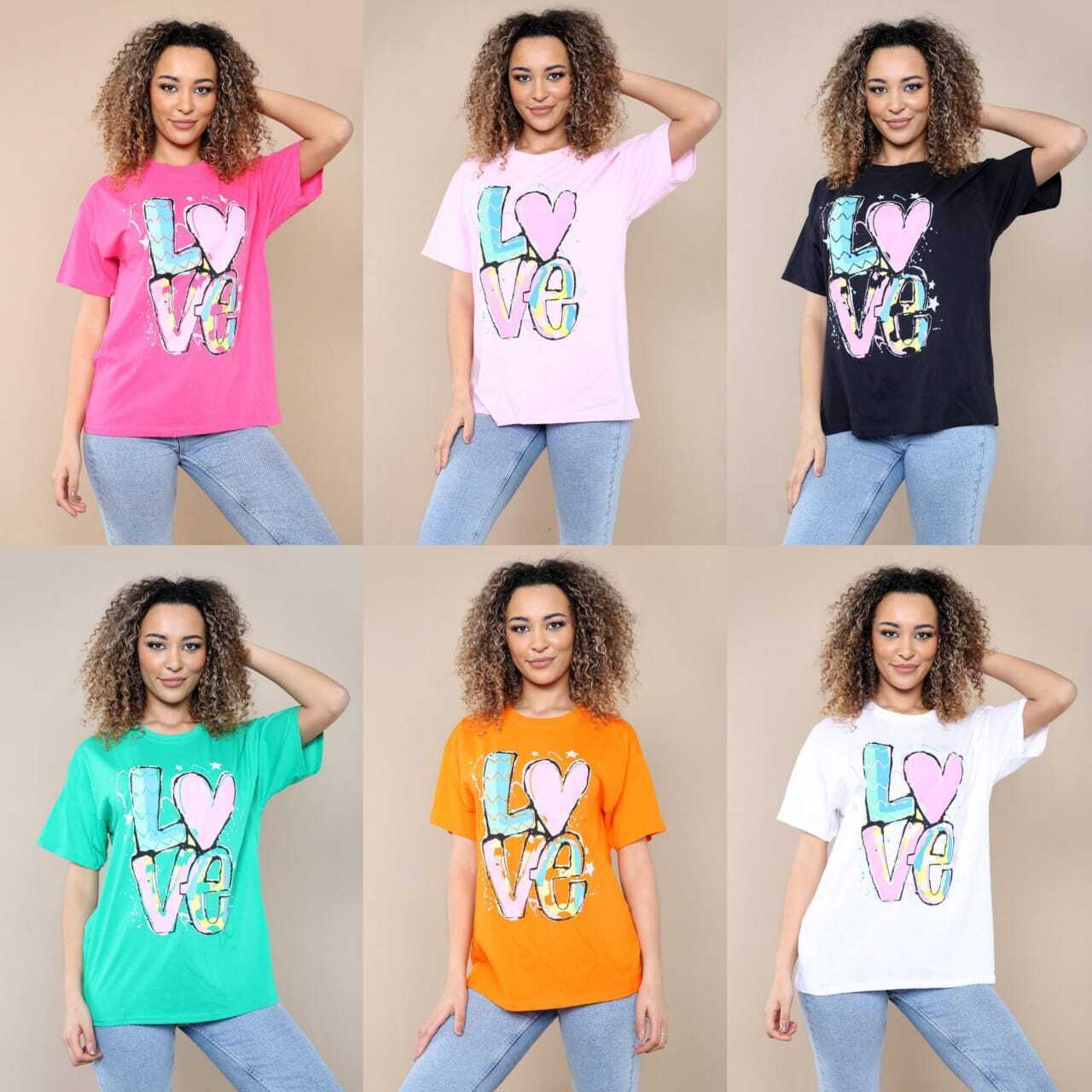 New Womens Ladies Short Sleeve Oversize Colorful LOVE Print Summer T-Shirt Top