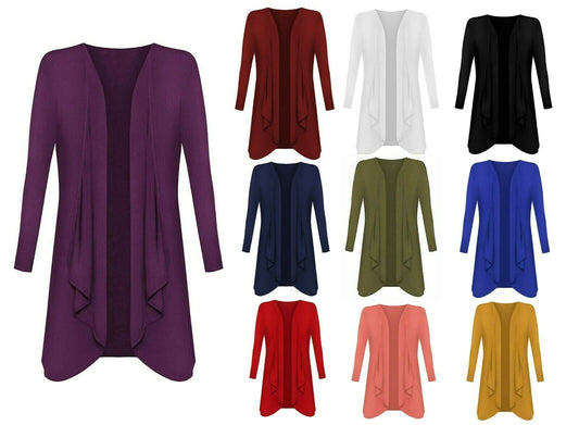 Women Ladies Open Waterfall Cardigan Hanky Hem Jersey Plus Sizes Long Sleeve Top