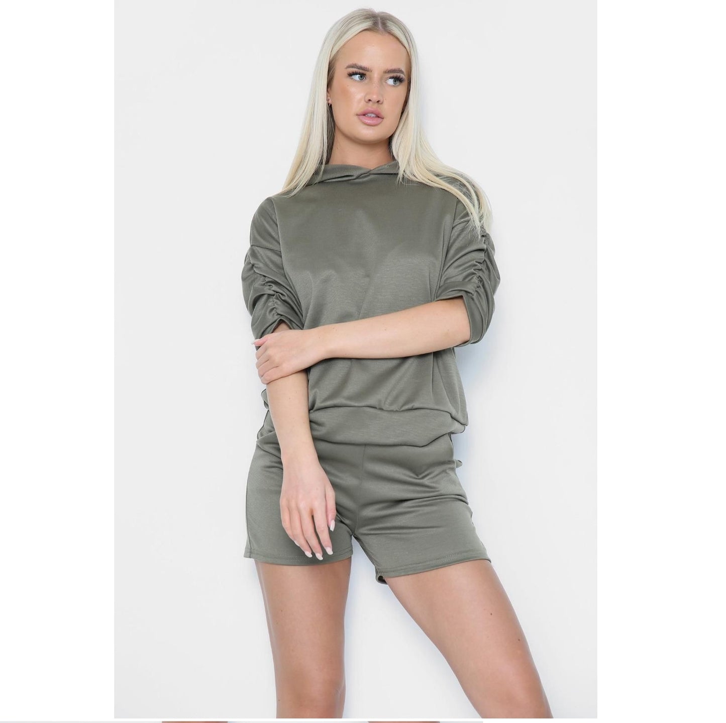 Womens Ruched Sleeve Hooded Top And Pocket Shorts Leisure Wear Co-Ord Set - Adult 2 PCS Summer Activewear Hoodie & Hotpants Loungewear Tracksuit UK Size 8-18