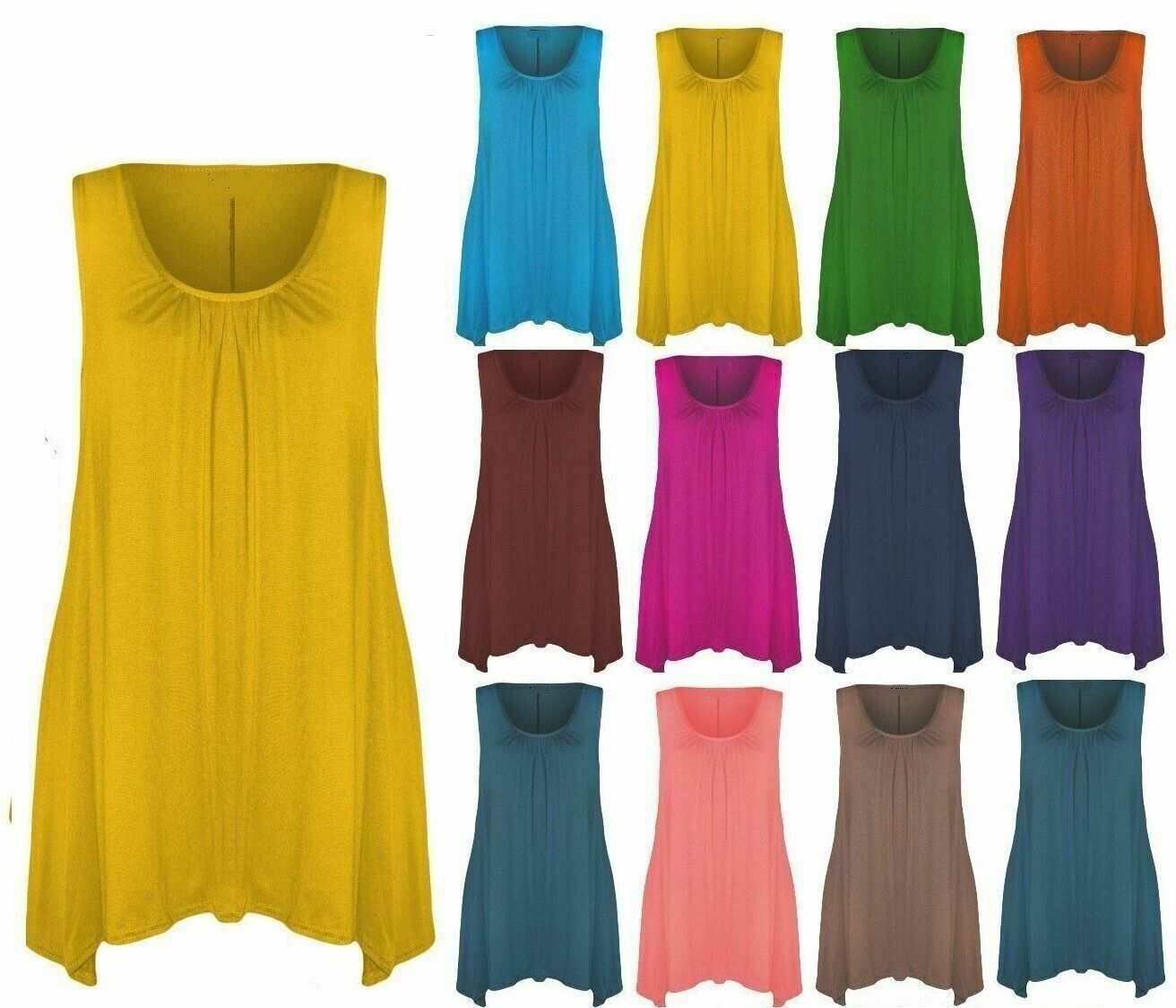 Ladies Hanky Hem Womens Sleeveless Scoop Neck Jersey Long Tunic Vest