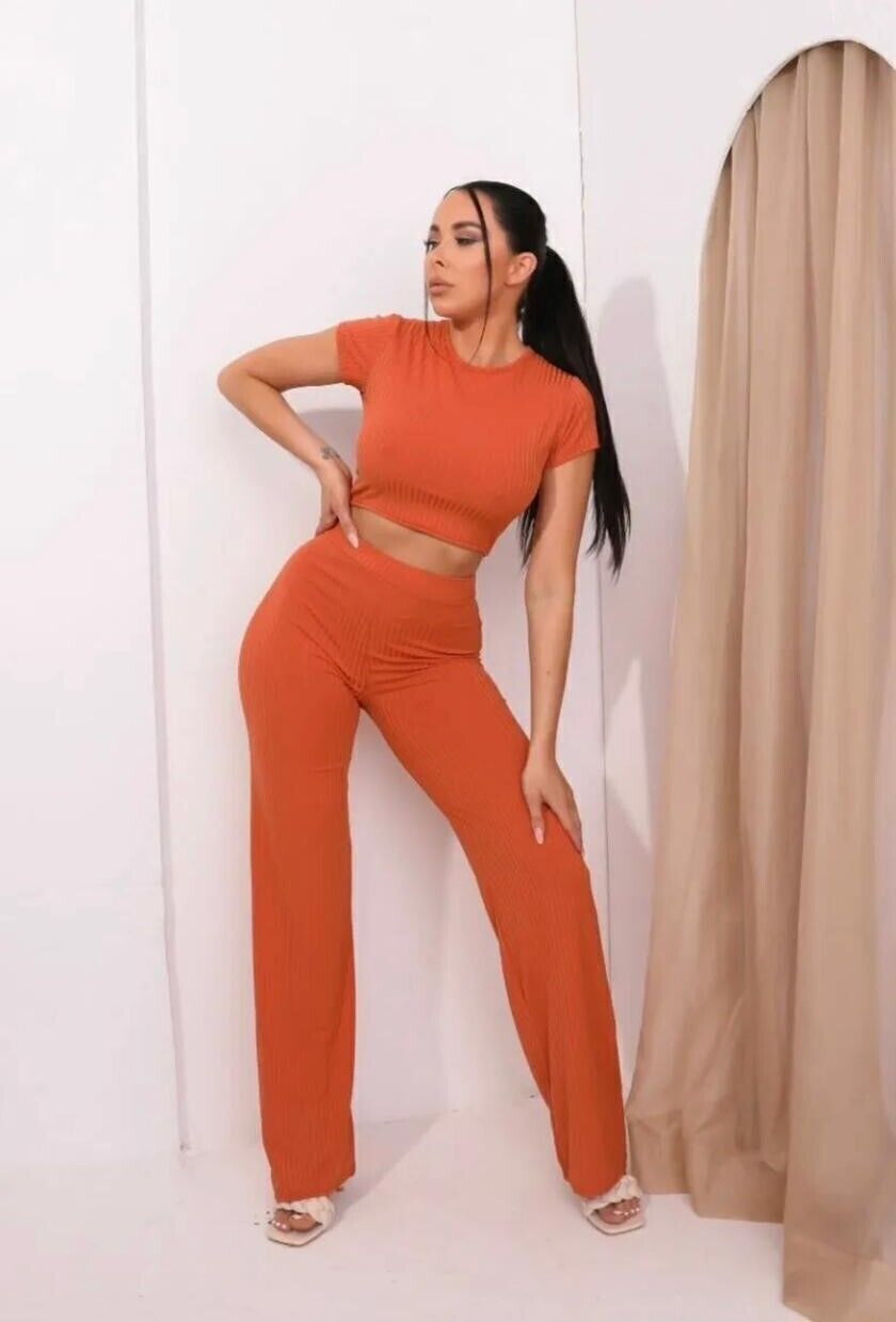 Women Ribbed Crop Loungewear Suit 2PCS Co-Ord Tracksuit