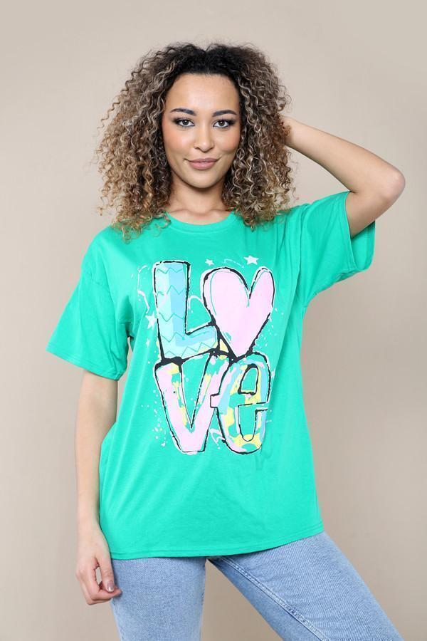 New Womens Ladies Short Sleeve Oversize Colorful LOVE Print Summer T-Shirt Top