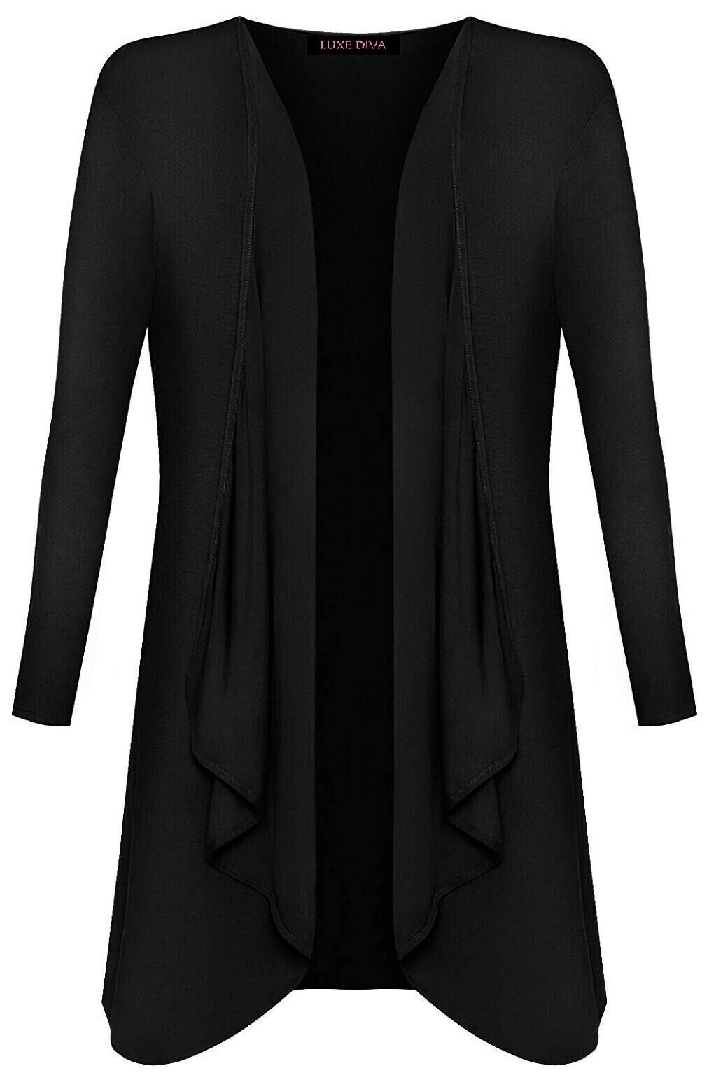 Women Ladies Open Waterfall Cardigan Hanky Hem Jersey Plus Sizes Long Sleeve Top