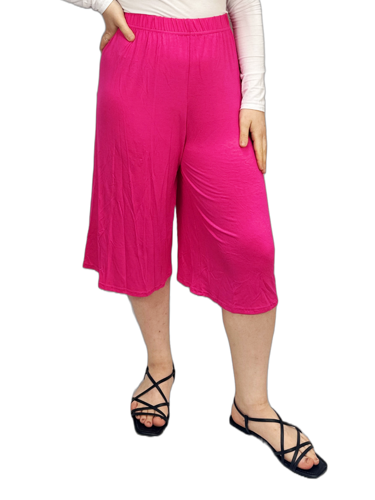 Womens 3/4 Elasticated Culottes Ladies Wide Leg Stretch Shorts Palazzo Plus Size