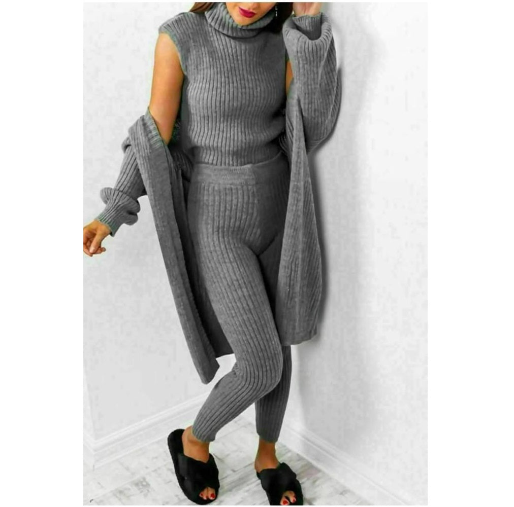 Women's Long Sleeve Knit 3 Piece Roll Neck Chunky Knitted Top Open Cardigan Tracksuit Ladies Ribbed Sleeveless Jumper Elasticated Legging Lounge Wear Set Size 8-14