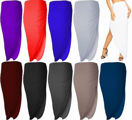 Ladies Ruched Slit Maxi Skirt Plain Stretchy Side Split Summer Party Long Skirt