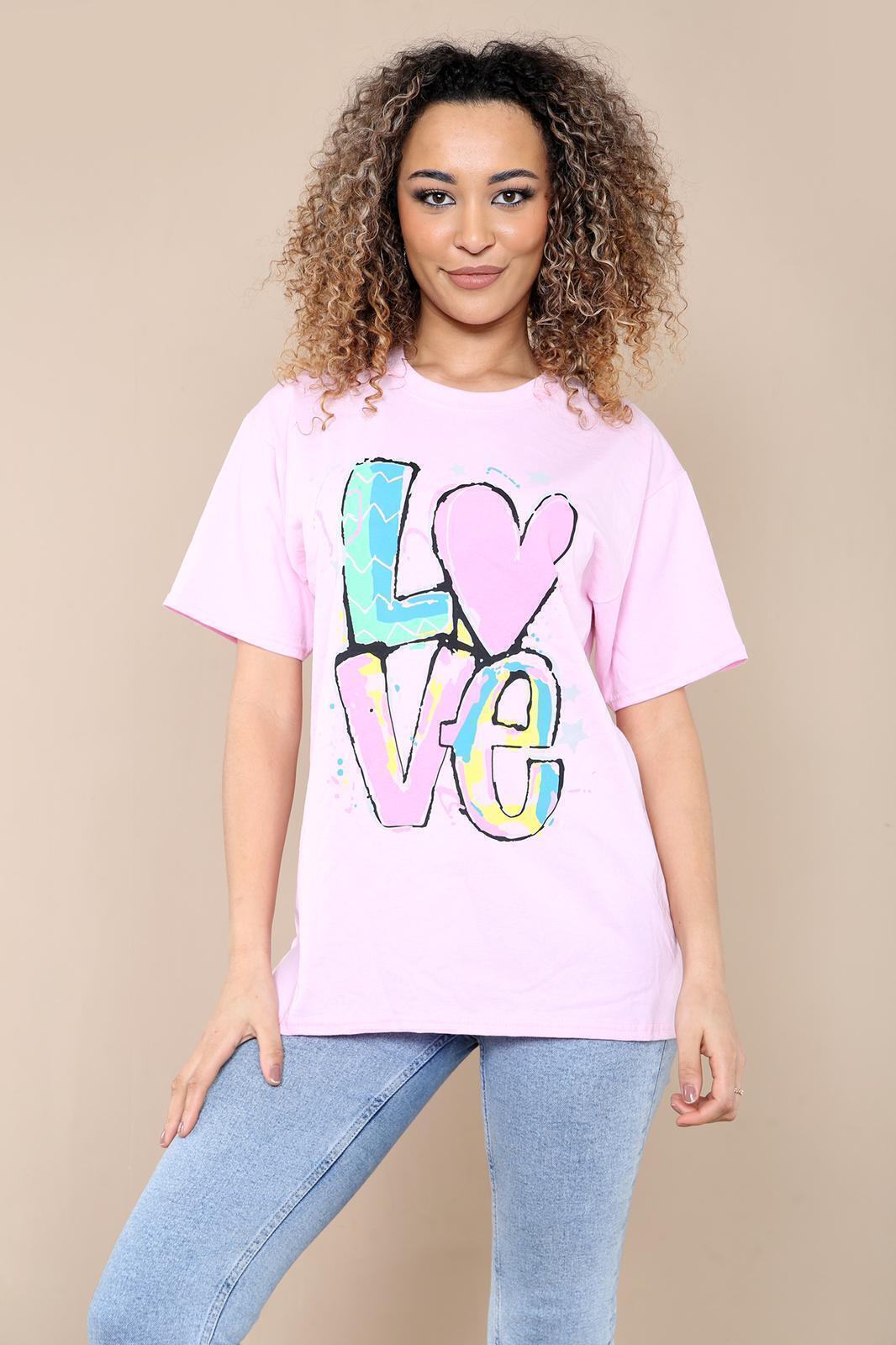 New Womens Ladies Short Sleeve Oversize Colorful LOVE Print Summer T-Shirt Top