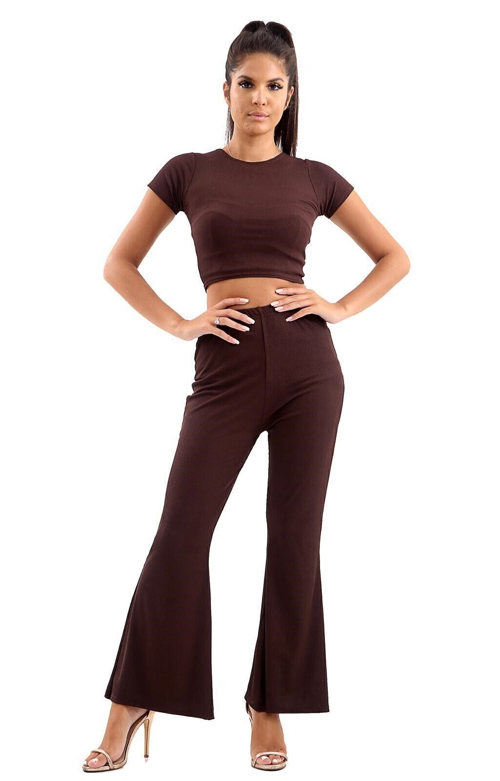 Women Ribbed Crop Loungewear Suit 2PCS Co-Ord Tracksuit