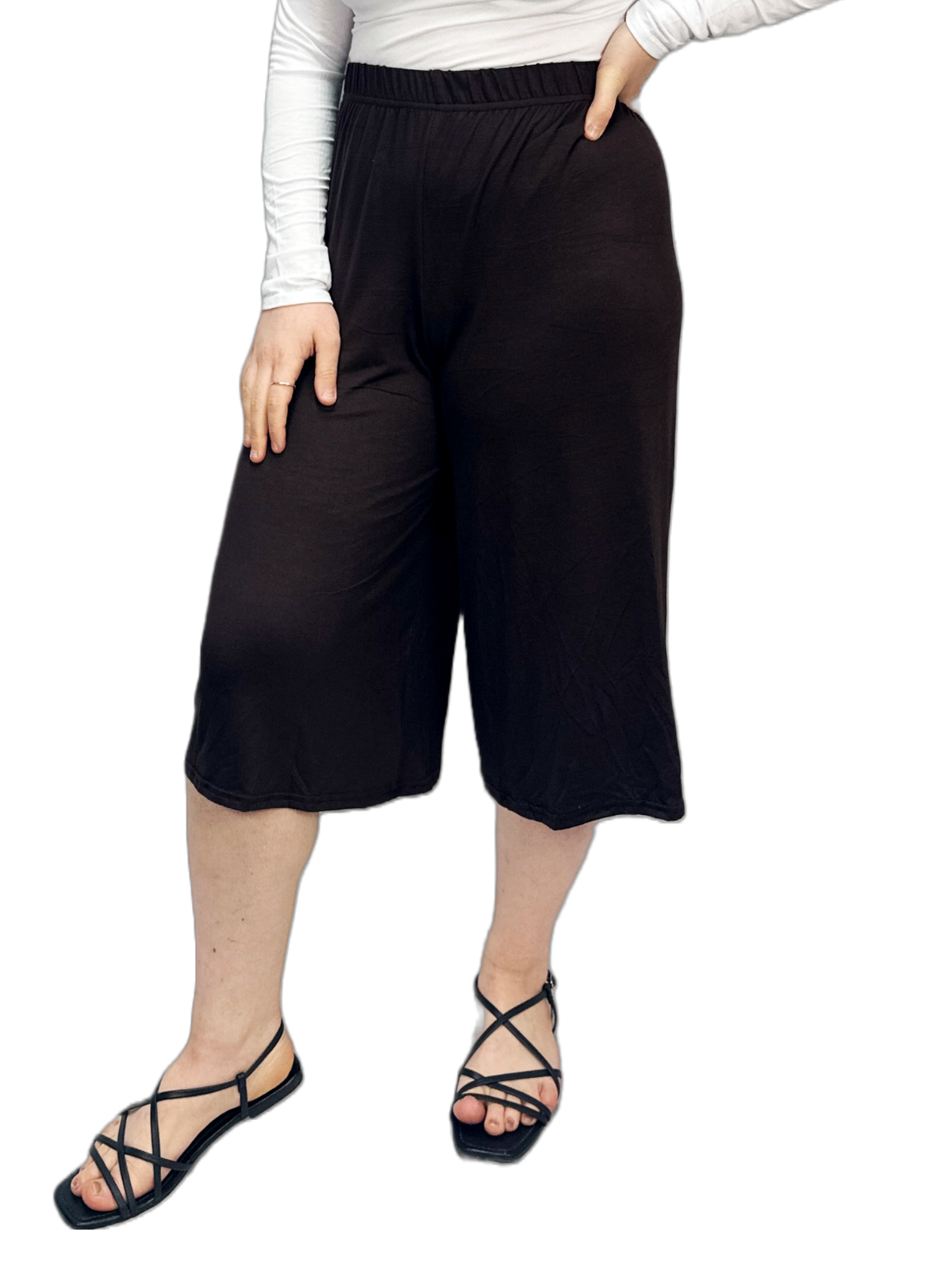 Womens 3/4 Elasticated Culottes Ladies Wide Leg Stretch Shorts Palazzo Plus Size