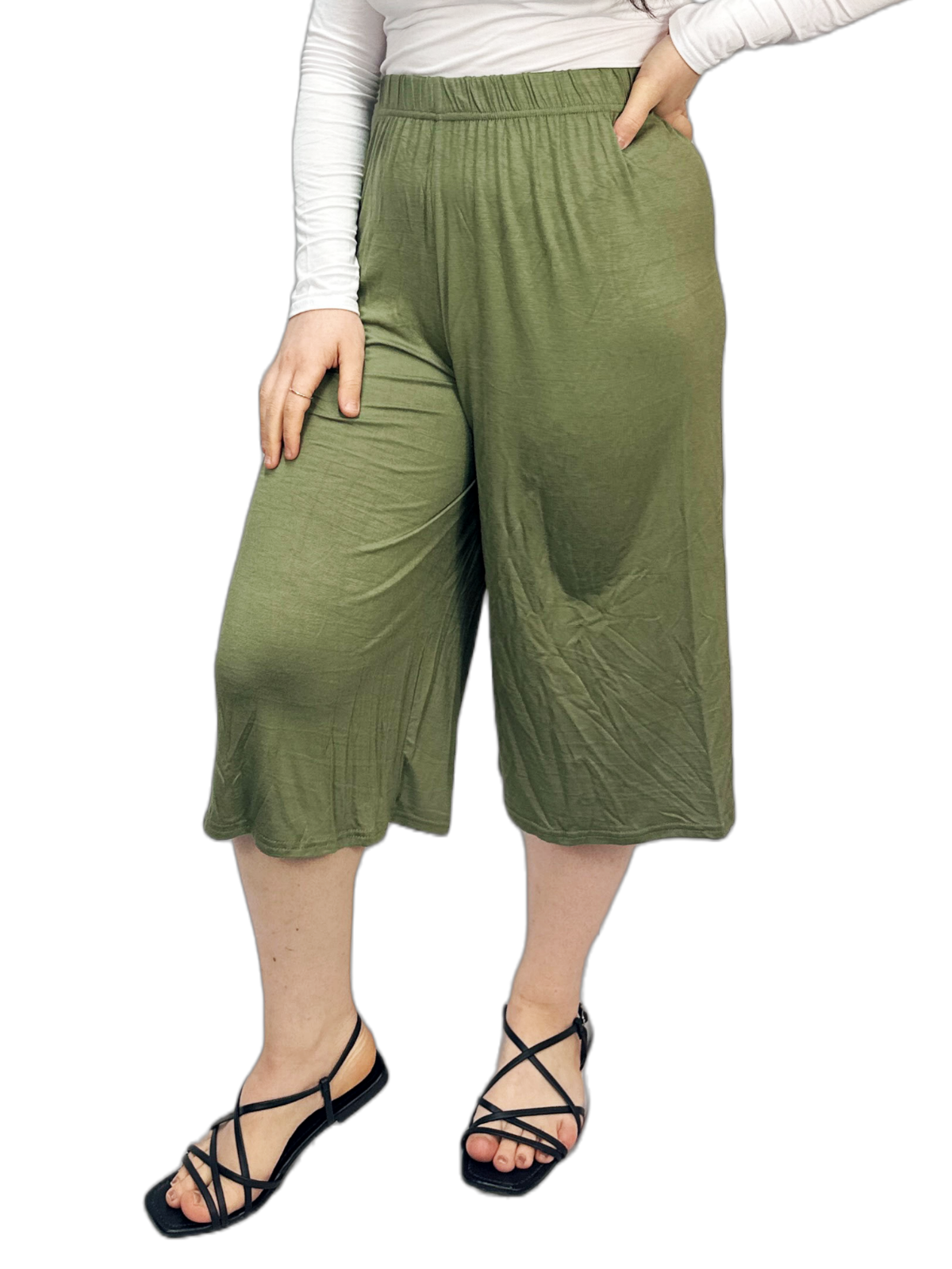 Womens 3/4 Elasticated Culottes Ladies Wide Leg Stretch Shorts Palazzo Plus Size