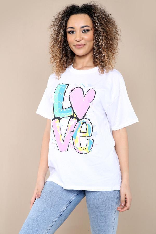 New Womens Ladies Short Sleeve Oversize Colorful LOVE Print Summer T-Shirt Top