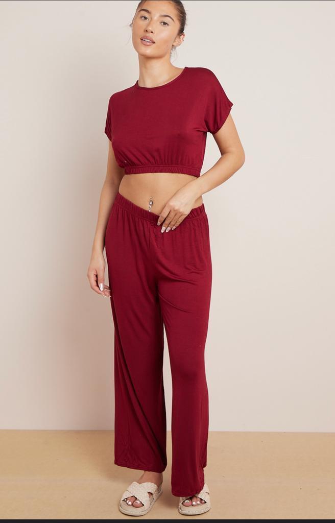 Ladies Plain Crop Top Flared Trouser Loungewear Suit 2PCS Co-ord Tracksuit Set