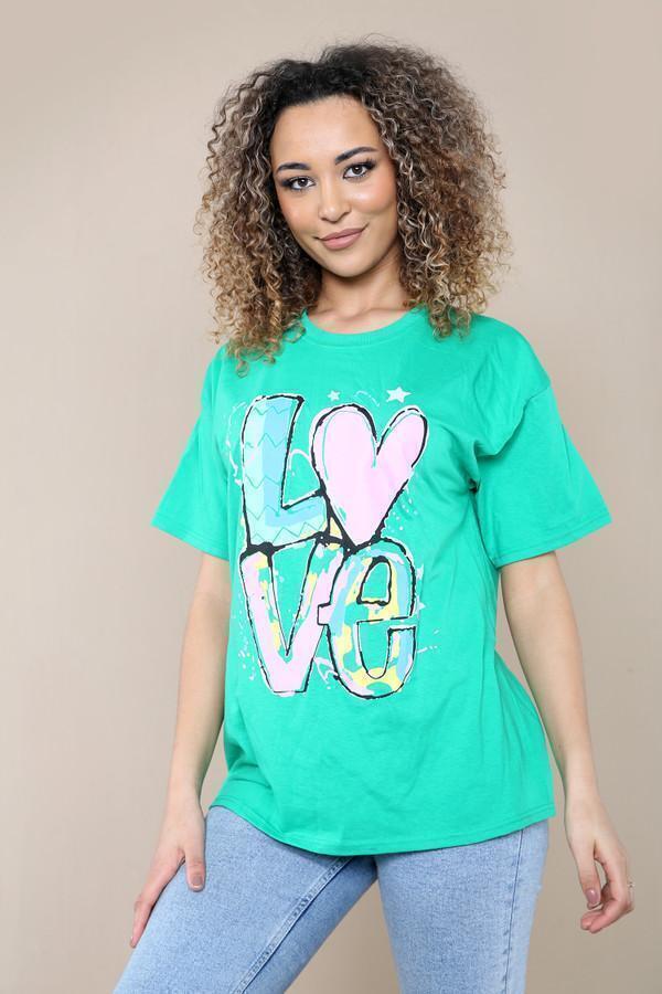 New Womens Ladies Short Sleeve Oversize Colorful LOVE Print Summer T-Shirt Top