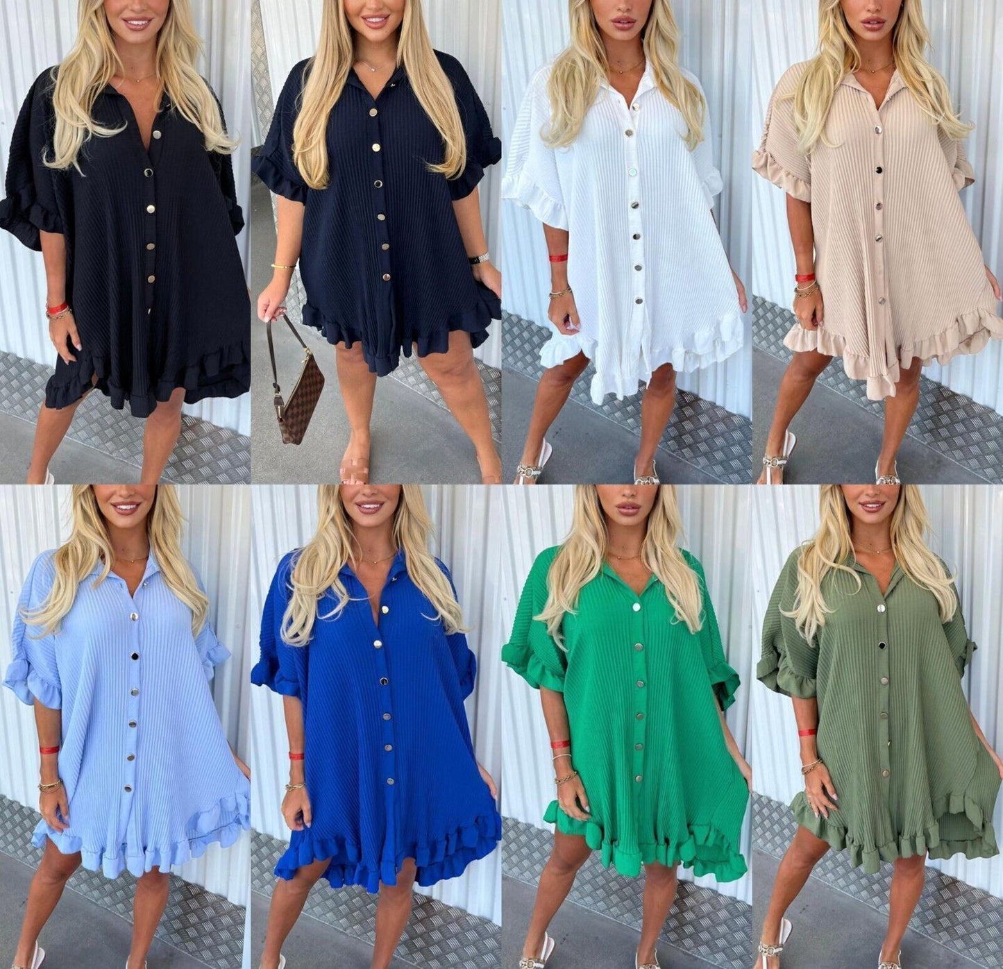 Women's Shirt Dress Pleated Short Sleeve Loose Italian Buttons Plain Detail