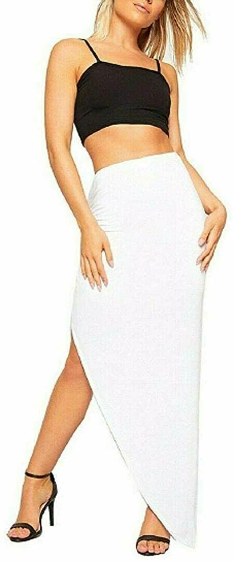 Ladies Ruched Slit Maxi Skirt Plain Stretchy Side Split Summer Party Long Skirt