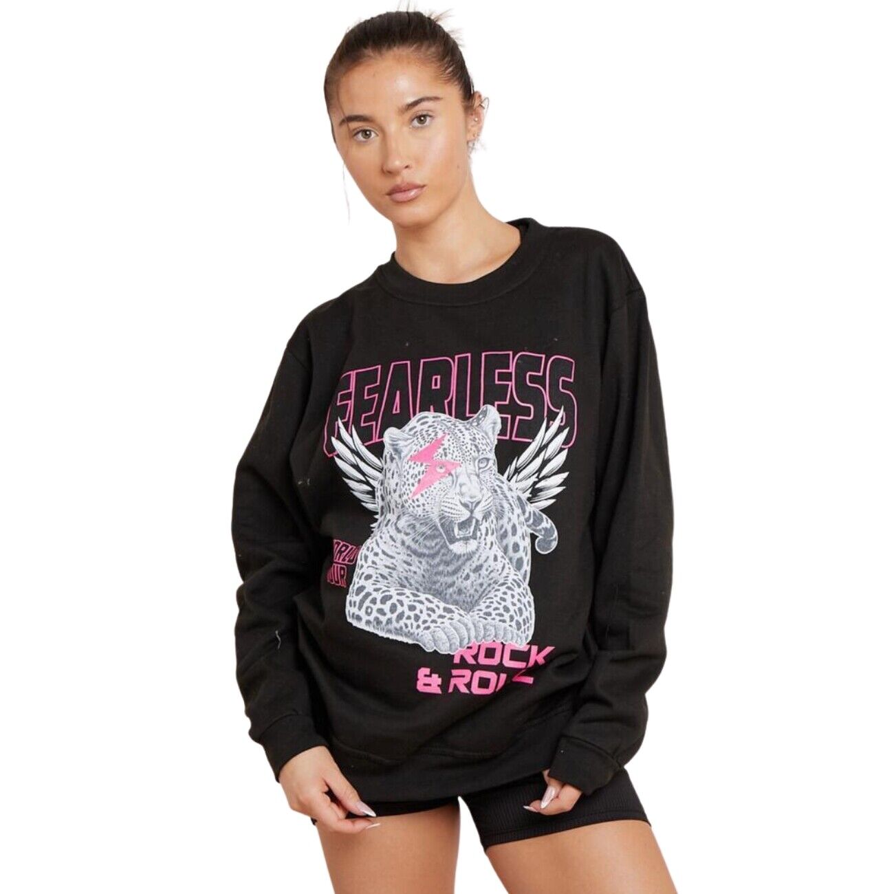 Ladies FEARLESS Tiger Print ROCK & ROLL Sweatshirt Women’s Oversized Sweater Jumper Top