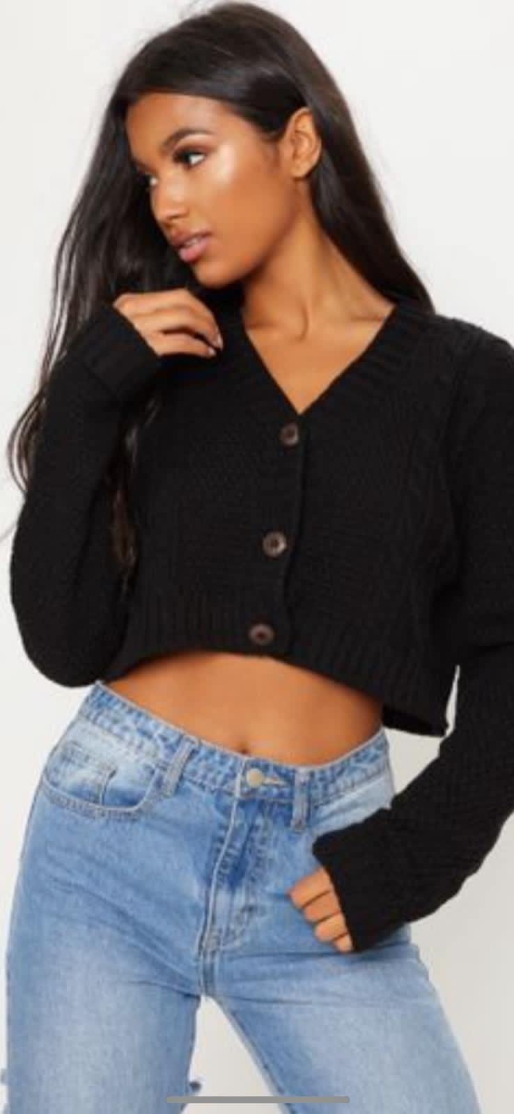 NEW Women's Chunky Cable Knitted Cardigan 3 Button Long Sleeves Crop Top Short