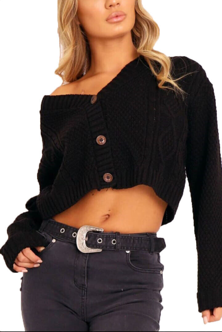 NEW Women's Chunky Cable Knitted Cardigan 3 Button Long Sleeves Crop Top Short