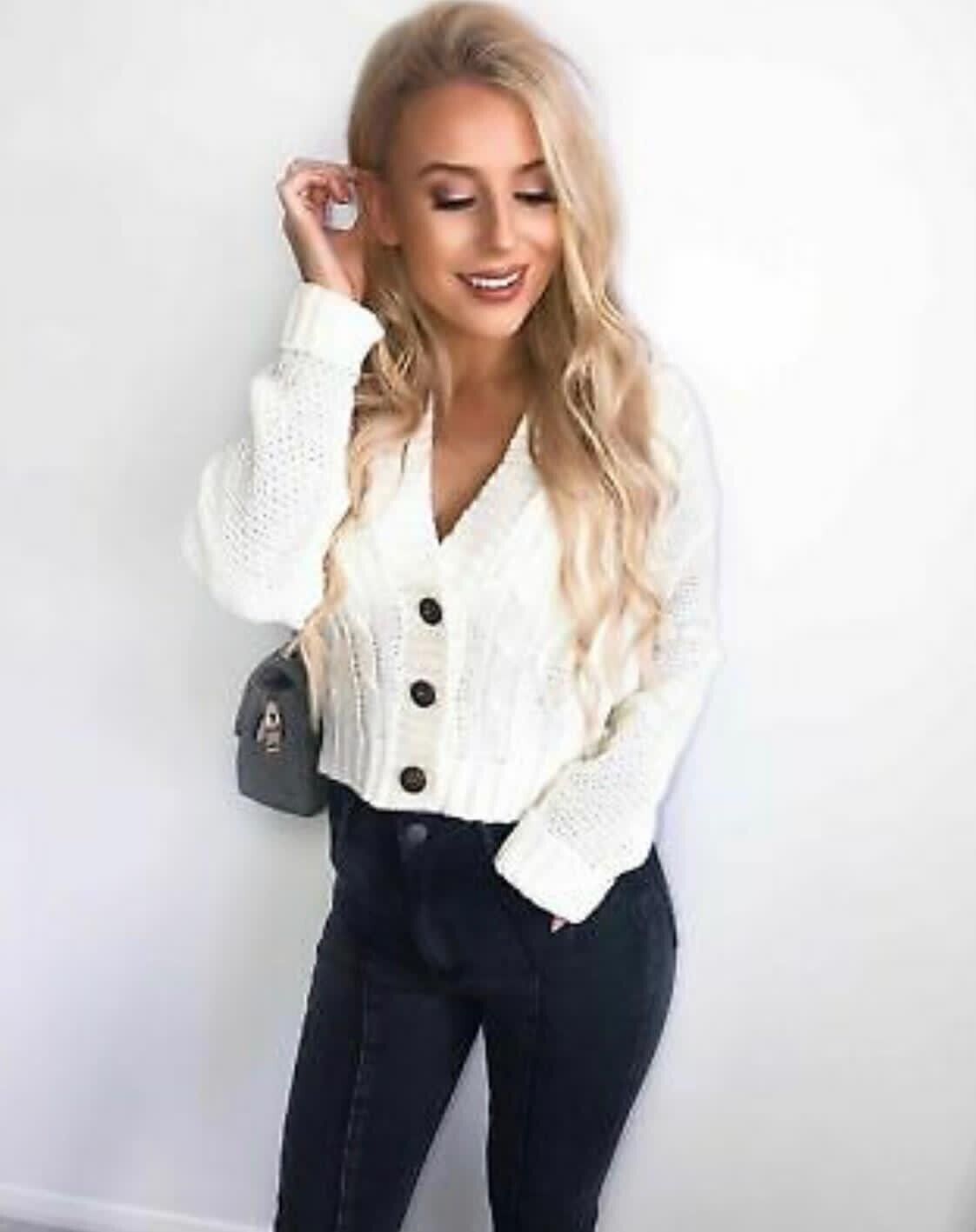 NEW Women's Chunky Cable Knitted Cardigan 3 Button Long Sleeves Crop Top Short