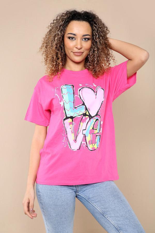 New Womens Ladies Short Sleeve Oversize Colorful LOVE Print Summer T-Shirt Top