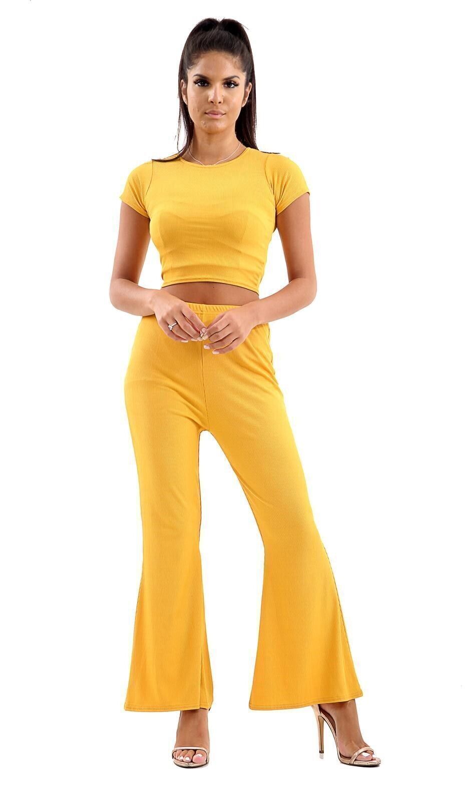 Women Ribbed Crop Loungewear Suit 2PCS Co-Ord Tracksuit