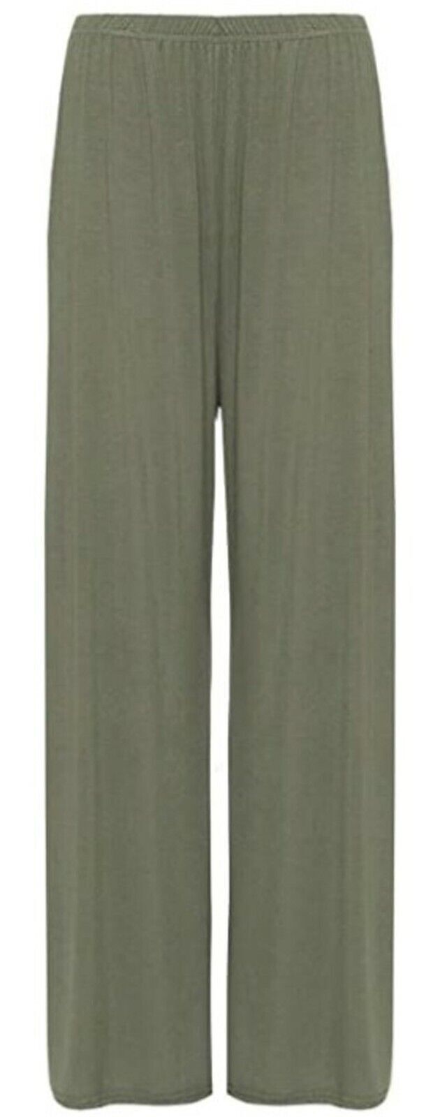 Womens Ladies Plus Size Plain Palazzo Wide Leg Flared Trousers Pants UK 8 TO 26