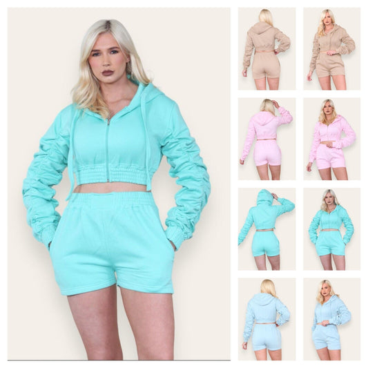 LUXE DIVA New Womens 2pcs Ruched Long Sleeve Cropped Zip Up Hoodie & Short Lounge Set UK