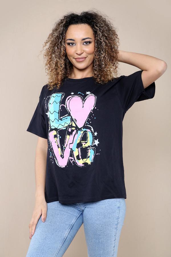 New Womens Ladies Short Sleeve Oversize Colorful LOVE Print Summer T-Shirt Top