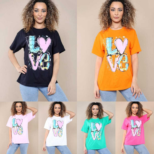 New Womens Ladies Short Sleeve Oversize Colorful LOVE Print Summer T-Shirt Top