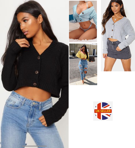 NEW Women's Chunky Cable Knitted Cardigan 3 Button Long Sleeves Crop Top Short