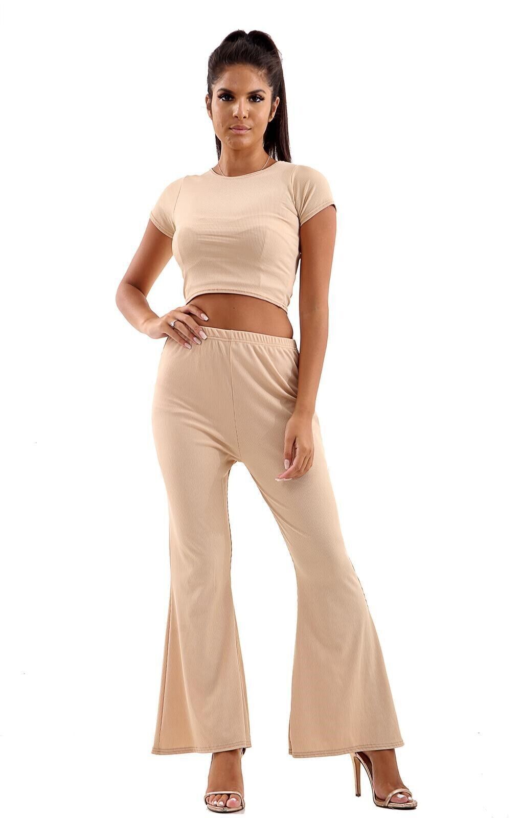 Women Ribbed Crop Loungewear Suit 2PCS Co-Ord Tracksuit