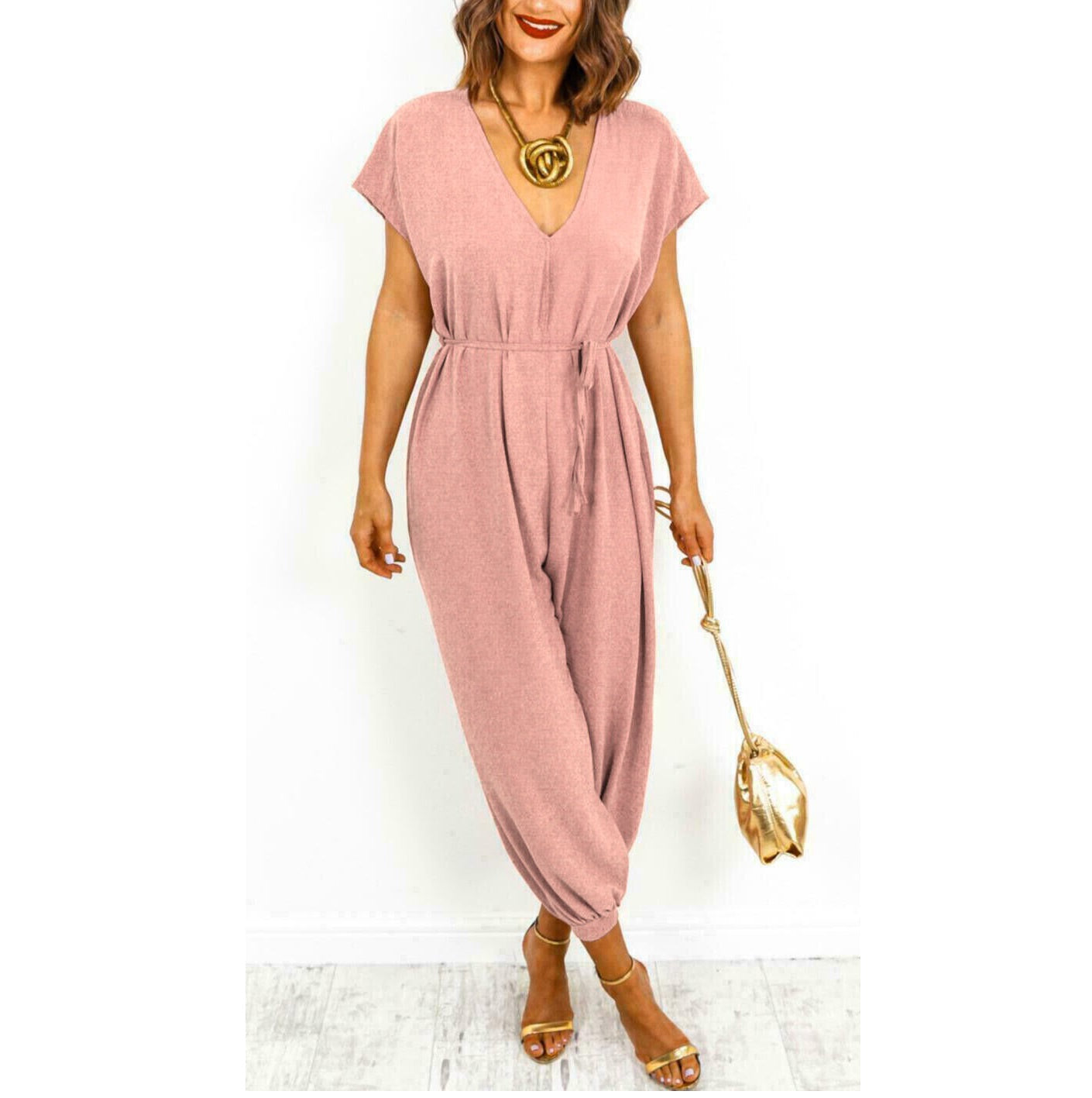 LUXE DIVA Womens V Neck Tie Belted Waist Parachute Wide Leg Jumpsuit Ladies Harem Playsuit