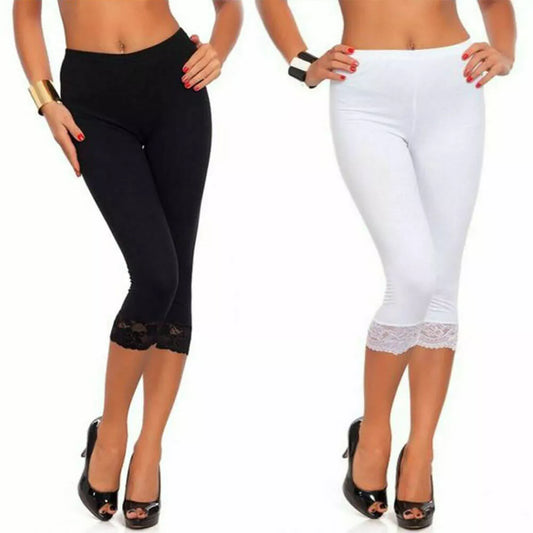 LUXEDIVA New Ladies Lace Trim Edge Cropped 3/4 Length Leggings