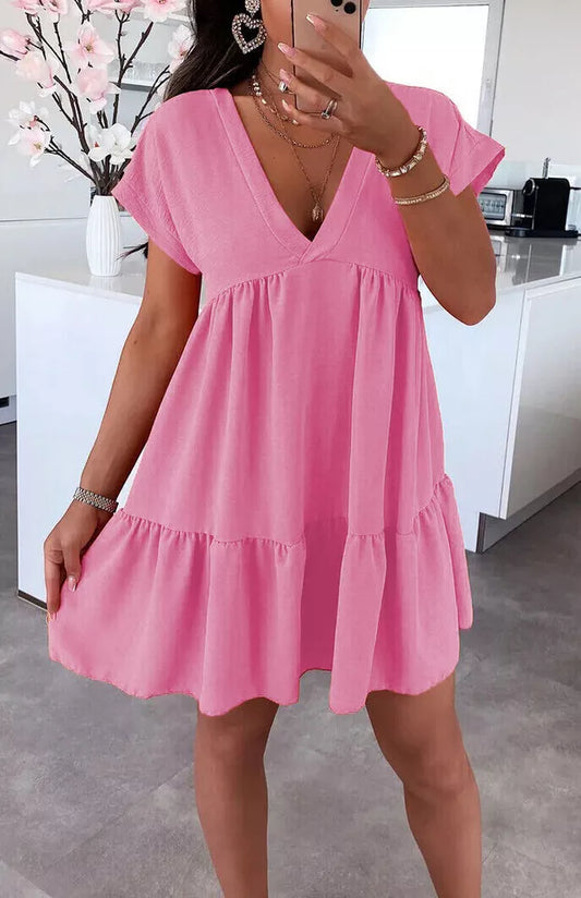 Women's V-Neck Frill Layered Pleated Summer Beach Smock Swing Mini Dress Top New Casual Fabric Short Womenswear Ladies Underwear Lady Casual Wear