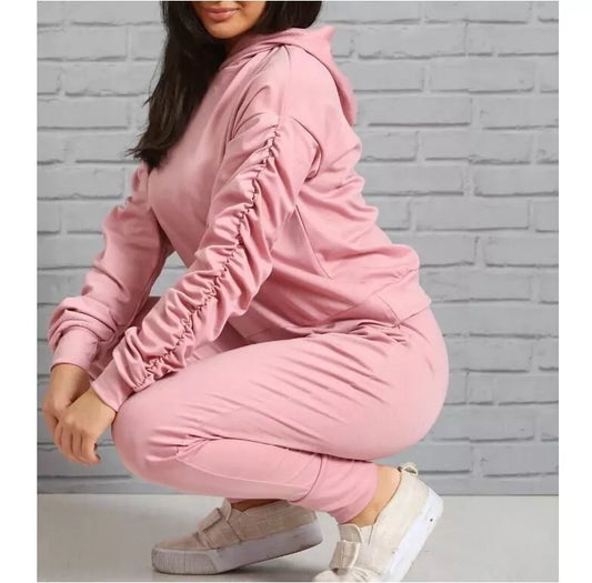 LUXE DIVA Women Ladies Ruched Sleeve Hoodie top & Bottom Suit Loungewear Tracksuit Set UK