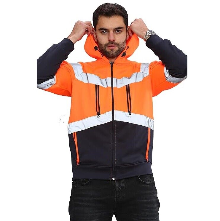 LUXE DIVA Hi Viz Vis High Visibility Jacket 5 Zips 4 Pocket Hoodie Work Zip Hooded Top